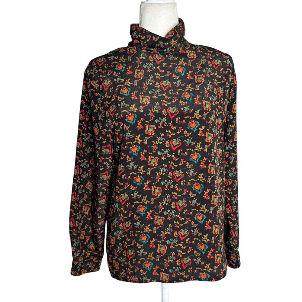 Vintage 80s Impressions Floral Blouse Size Med Mock Neck Buttons Long Sleeves